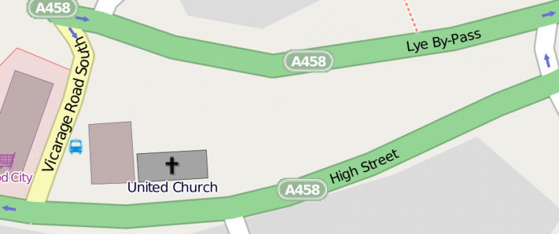 Map showing the location of the United Church in Lye